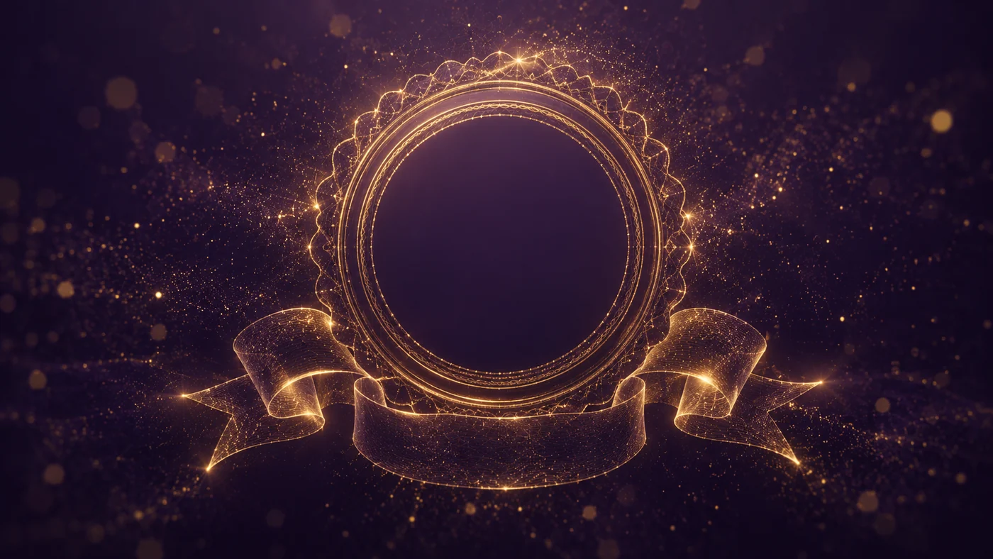 A certificate seal and ribbon in gold on deep plum