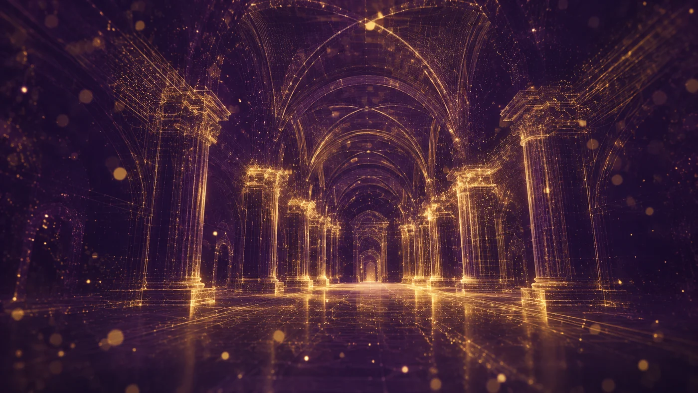 A university registry hall rendered in deep plum and gold
