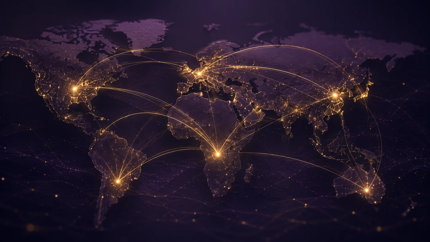 A world map rendered in gold on deep plum