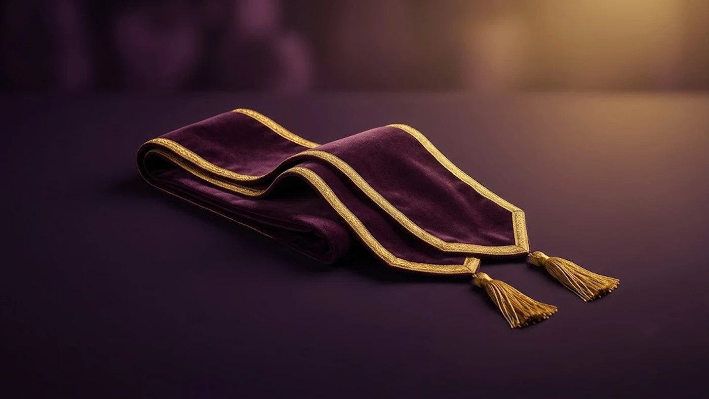 An academic ceremonial stole in plum and gold