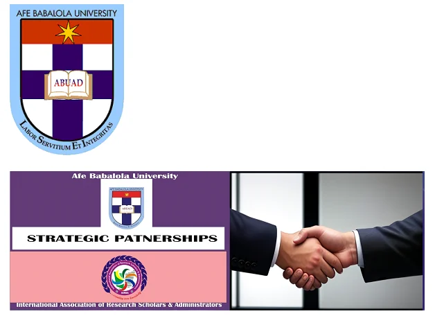 Afe Babalola University crest above a strategic-partnership banner showing two people shaking hands
