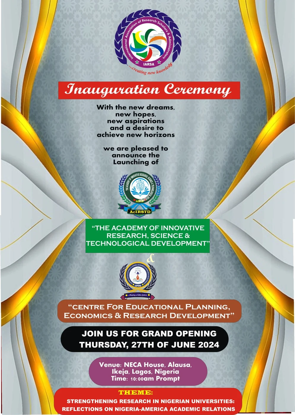 Flyer for the inauguration ceremony of AcIRSTD and CEPERD at the NECA Conference and Event Centre, Lagos