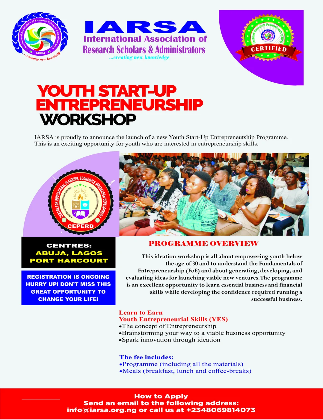 Flyer for the IARSA Youth Start-Up Entrepreneurship Workshop, listing the programme overview and the Abuja, Lagos and Port Harcourt centres
